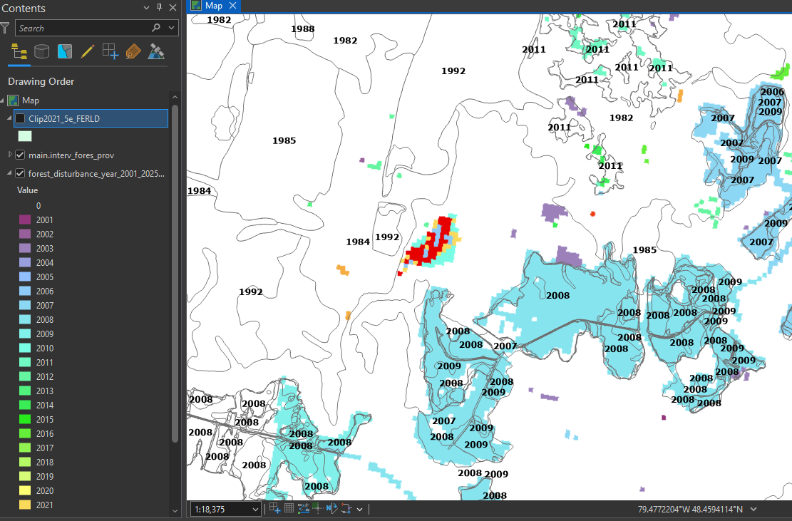 Visual comparison of mapped disturbance year with reference forest layers
