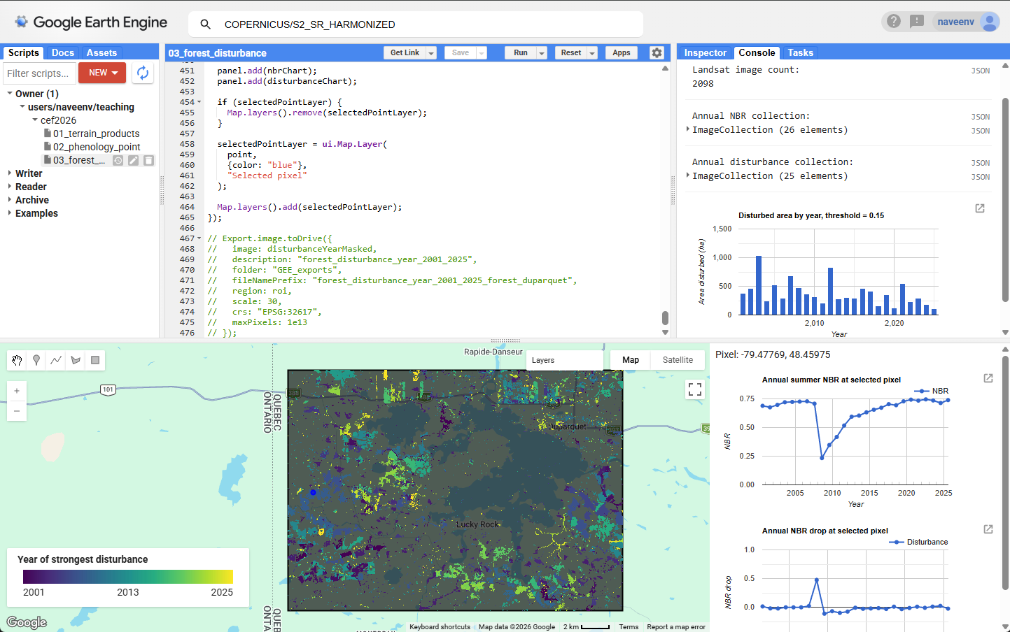 Forest disturbance year and pixel-level NBR time series