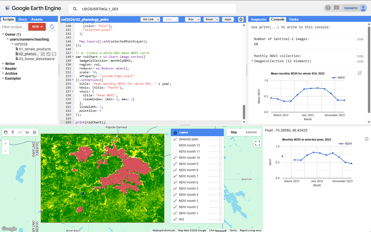Monthly Sentinel-2 NDVI maps and pixel-level phenology chart