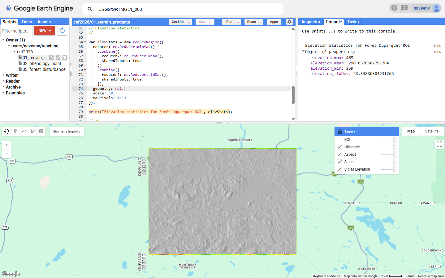 Terrain products derived from SRTM for the Forêt Duparquet rectangular ROI